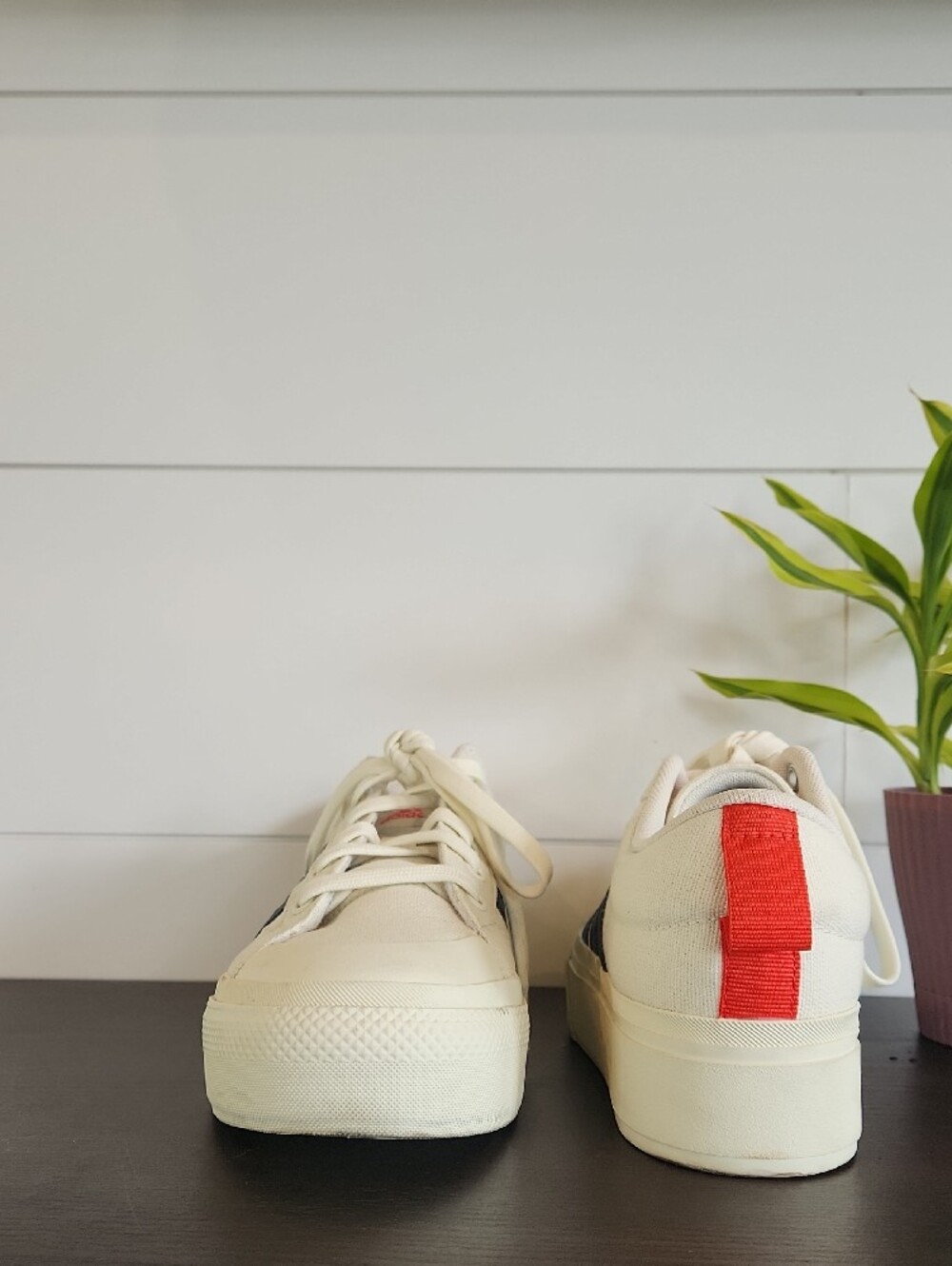 adidas Cream Platform Sneakers with Navy Three Stripes - Picture 2 of 9